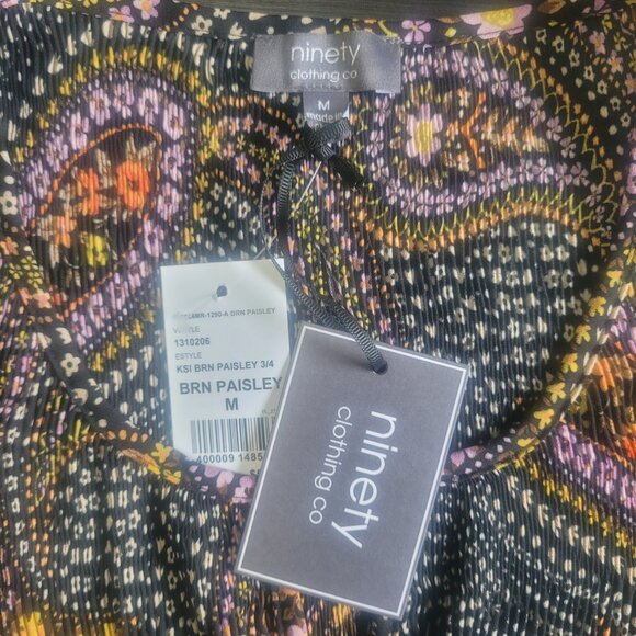 Ninety Brown Paisley Pleated Blouse with Bell Sleeve Size M - Boho Flowy - Picture 7 of 10